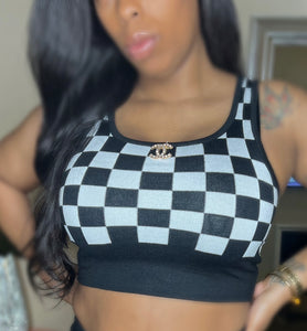 BLACK AND WHITE CROP TOP WITH CC PIN